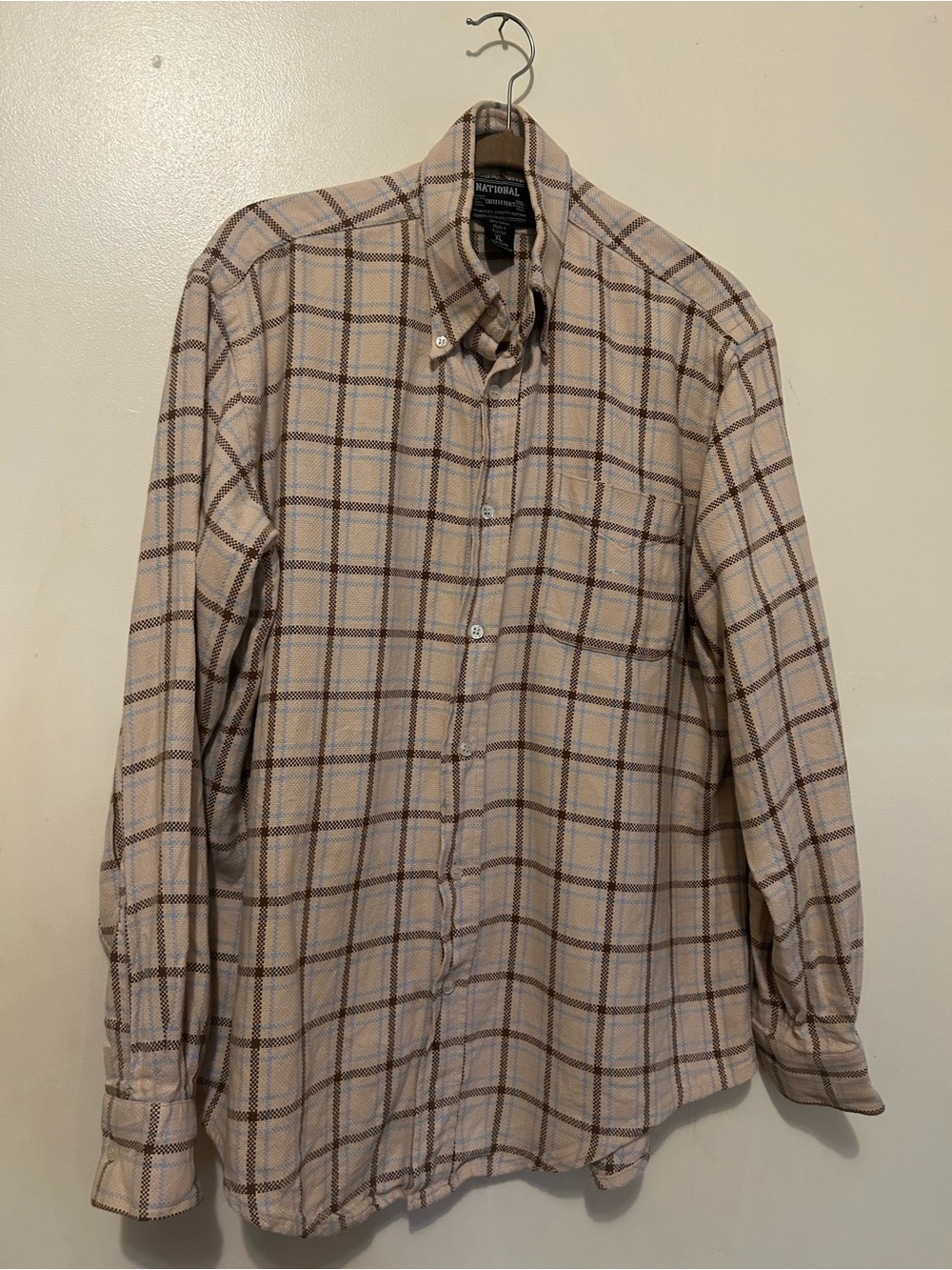 National Outfitters German Cotton  Shirt Beige Plaid Long-Sleeve Sz XL
